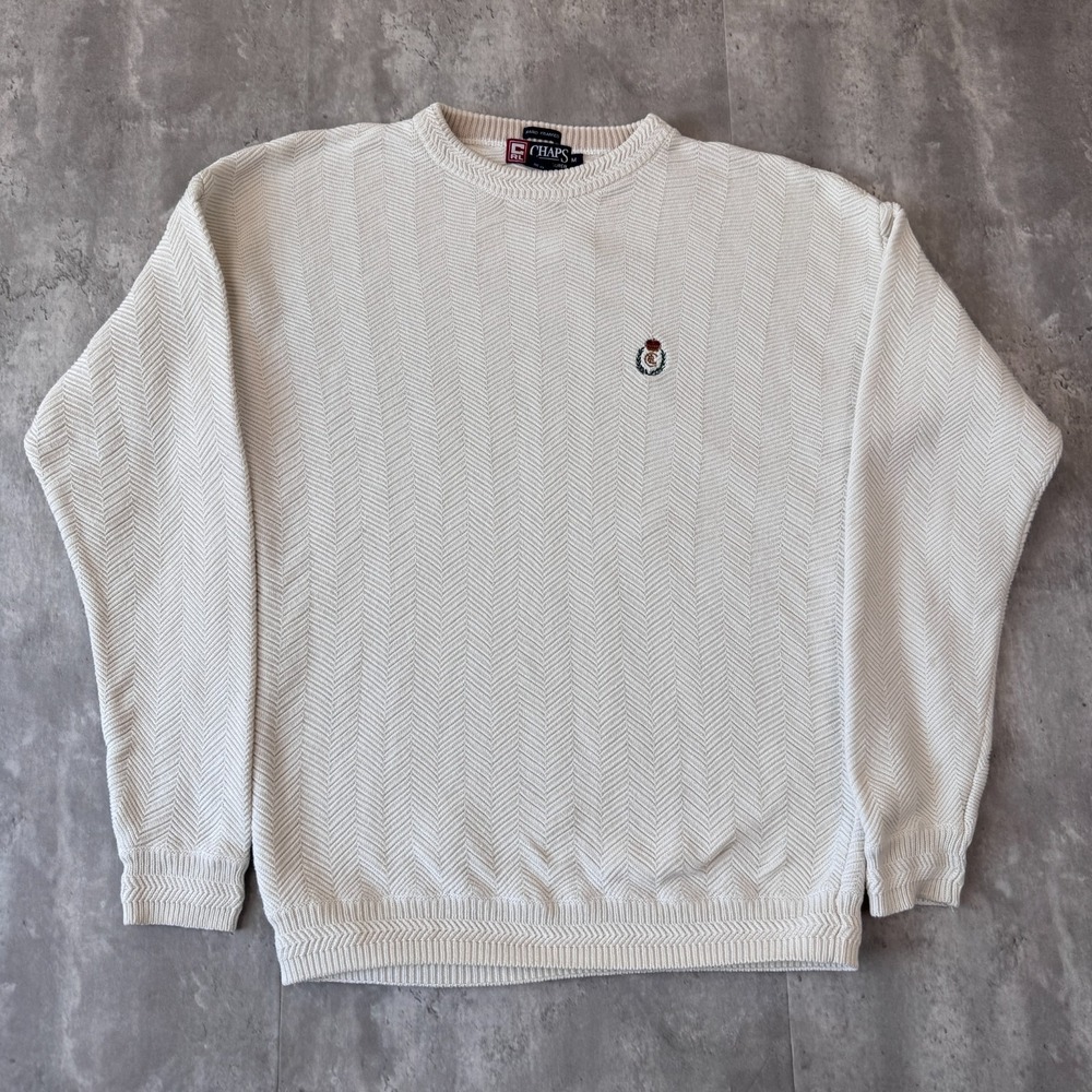 Vintage Chaps Ralph Lauren Sweater Mens M Cream Herringbone Hand Framed Crewneck